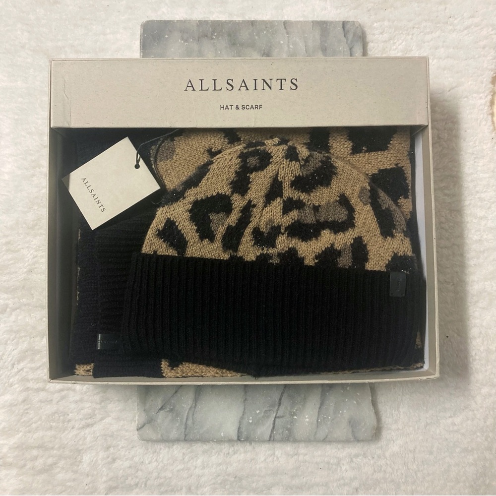 All Saints Leopard Print Toque Scarf Set Wool Black Tan
